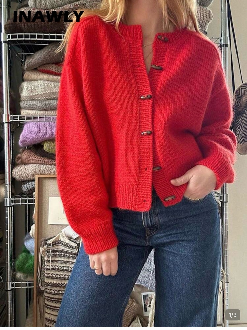 SHEIN Red Button-Up Knit Cardigan